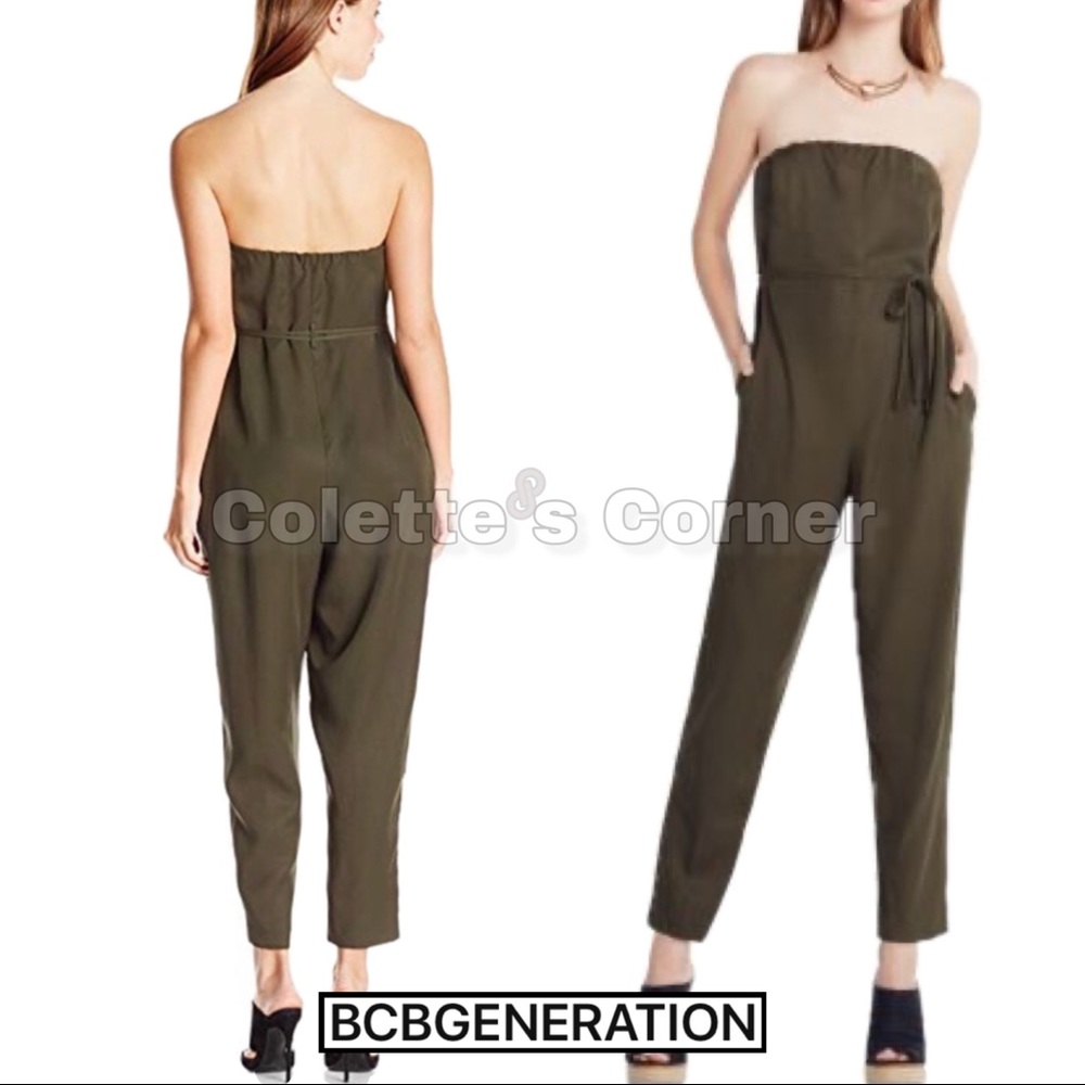 BCBGENERATION Olive Green Strapless Jumpsuit